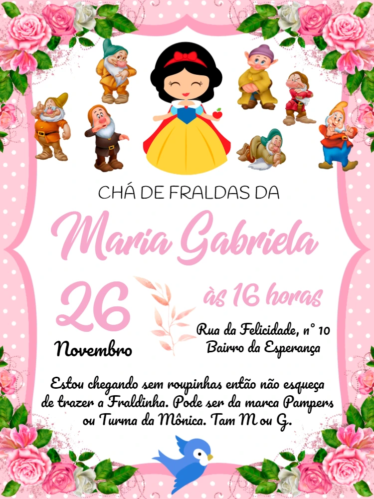 Convite Chá de Fraldas Branca de Neve para Editar Online