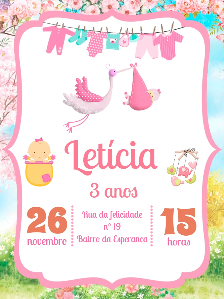 Convite Aniversário Varal de Roupas Bebê Menina para Editar