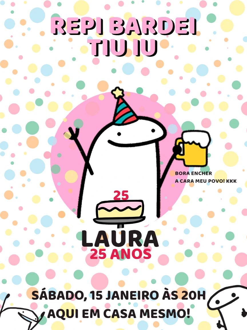 Convite Aniversário Flork Rosa Divertido para Editar