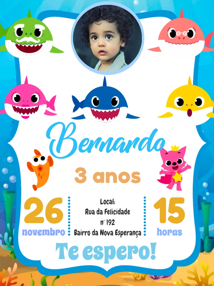 Convite Aniversário Baby Shark com Foto para Editar Online