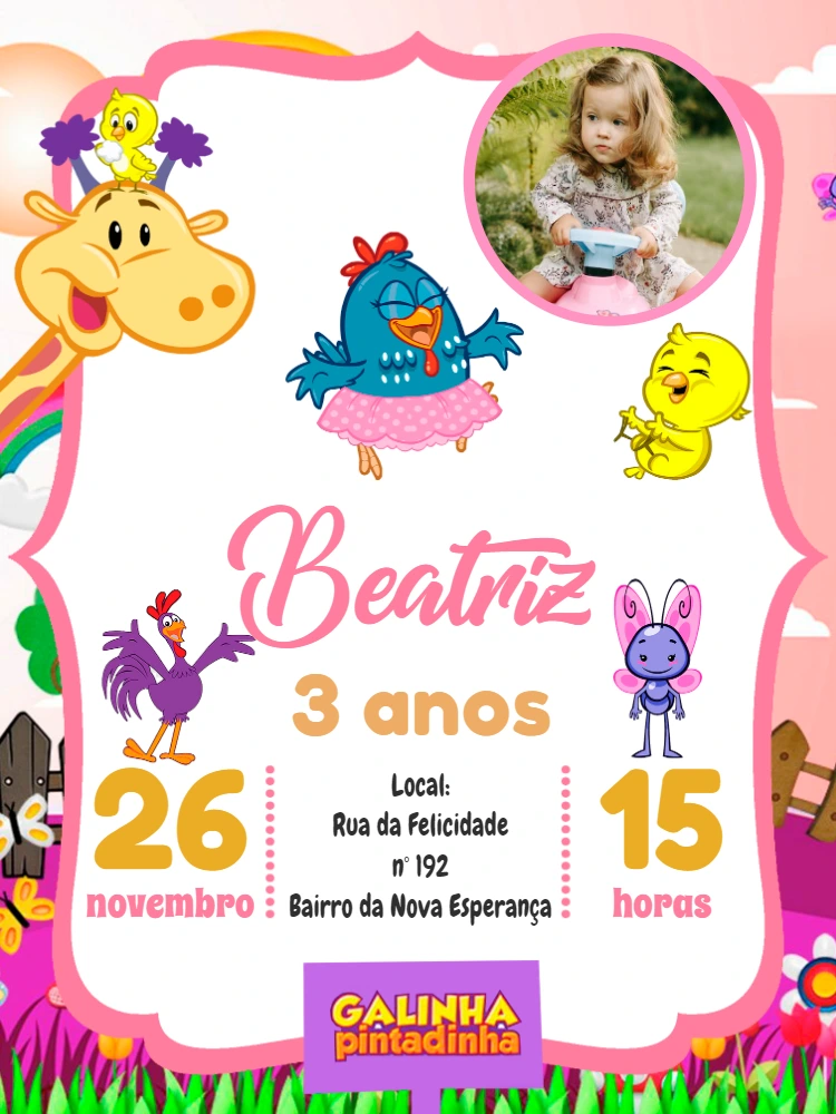 Convite Aniversário Galinha Pintadinha com Foto para Editar