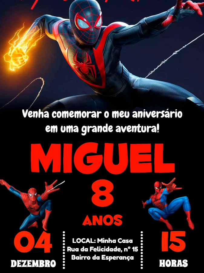 Convite de Aniversário Homem-Aranha Miles Morales para Editar