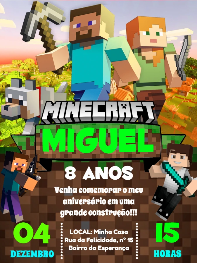 Convite Aniversário Minecraft com Personagens para Editar
