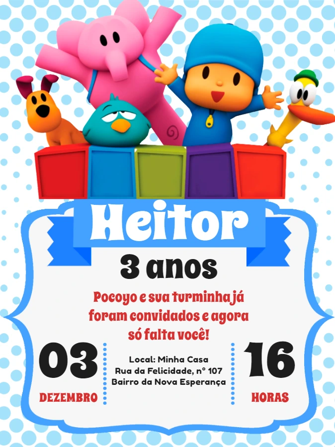 Convite de Aniversário Pocoyo e sua Turma para Editar Online