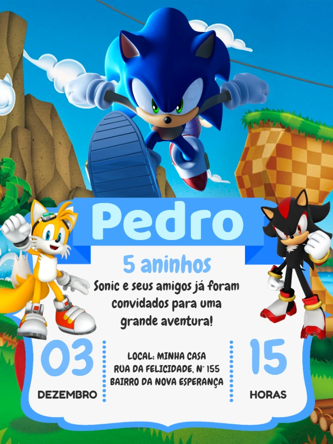 Convite de Aniversário Sonic e Amigos para Editar Online