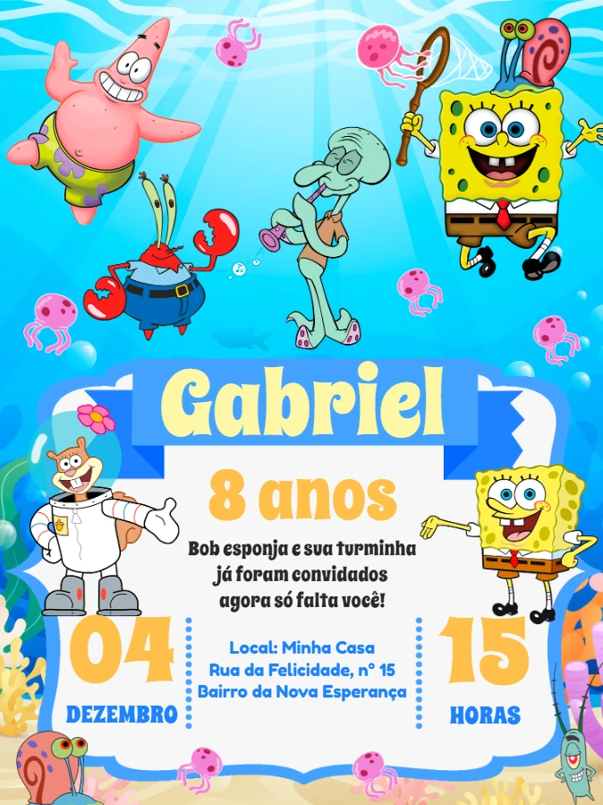 Convite Aniversário Bob Esponja com a Turma para Editar Online