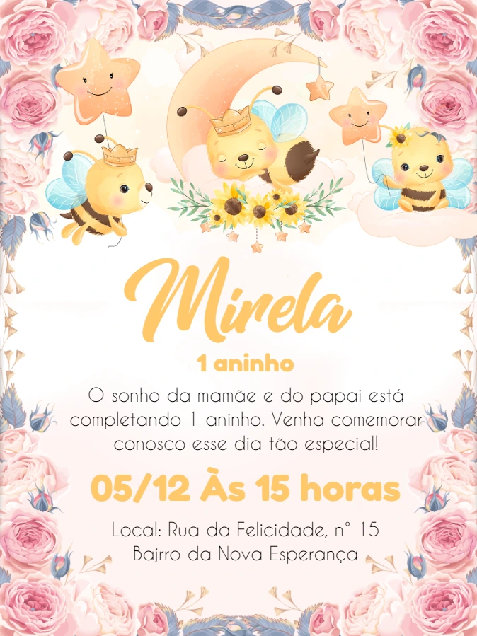 Convite de Aniversário Abelha Floral para Editar Online