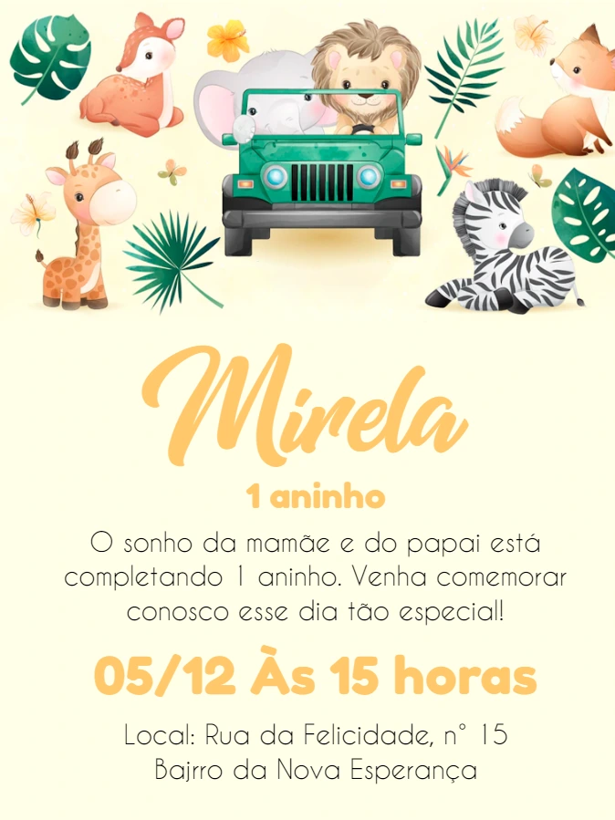 Convite de Aniversário Tema Safari com Animais para Editar
