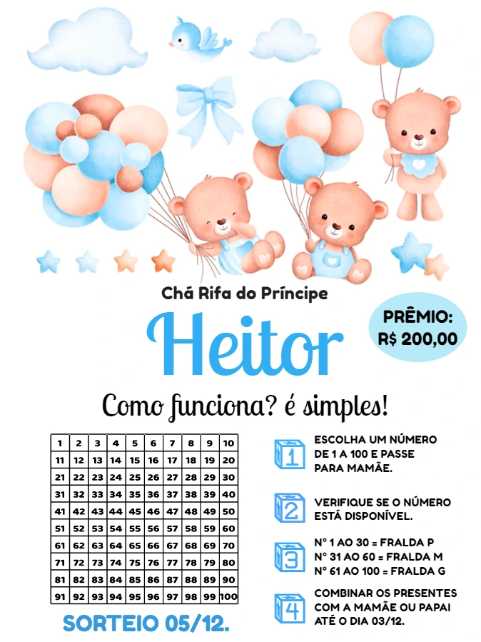 Rifa Chá de Bebê Ursinho Baloeiro Editável Online