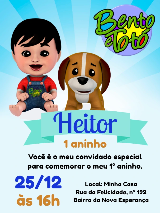 Convite de Aniversário Bento e Totó para Editar Online e Imprimir