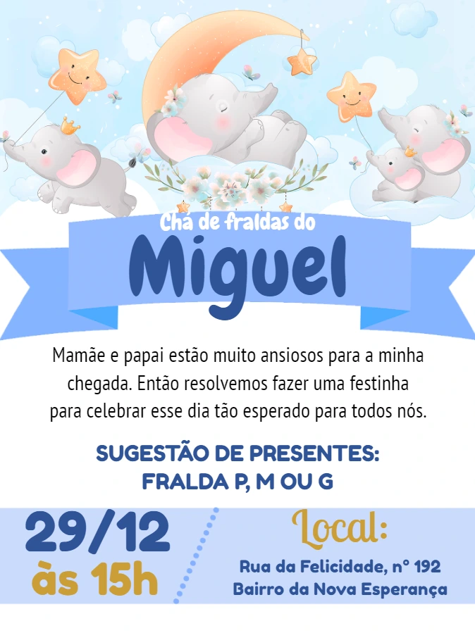 Convite Chá de Fraldas Elefantinho Azul para Editar Online