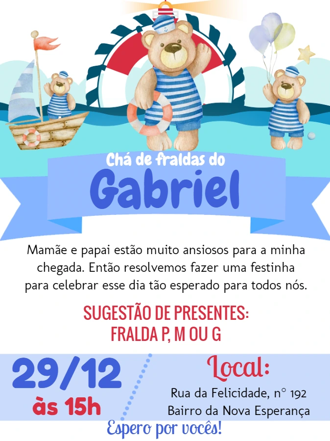Convite Chá de Fraldas Ursinho Marinheiro para Editar Online