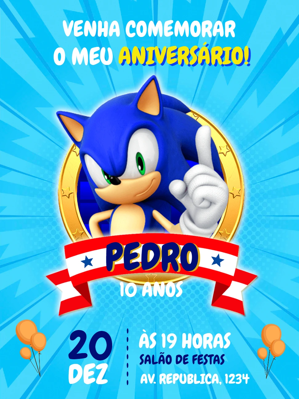Convite de Aniversário Sonic para Editar e Imprimir Online