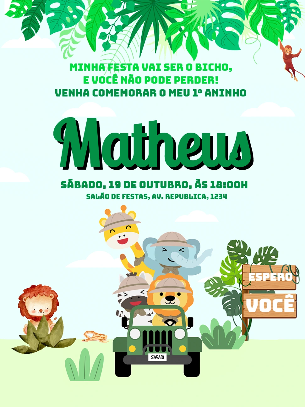 Convite de Aniversário Safari com Animais para Editar Online