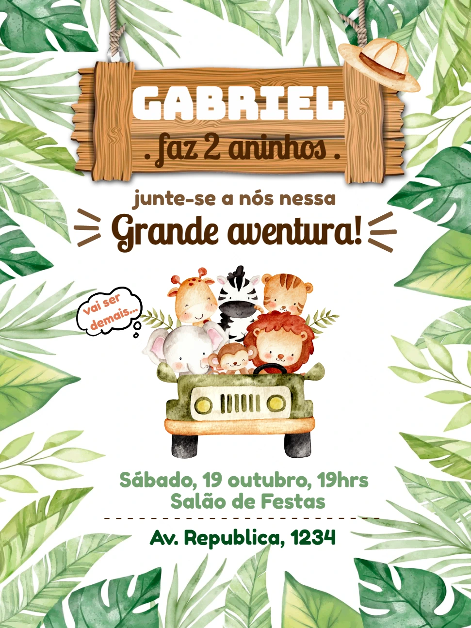 Convite Aniversário Safari com Animais Fofos para Editar Online