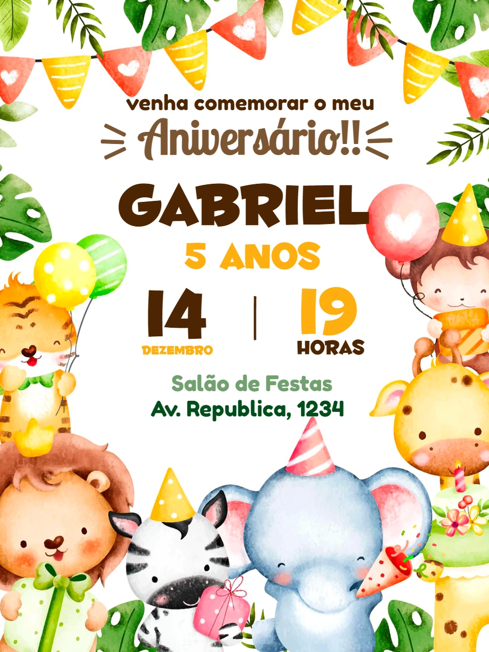 Convite Aniversário Safari com Bichinhos Fofos para Editar