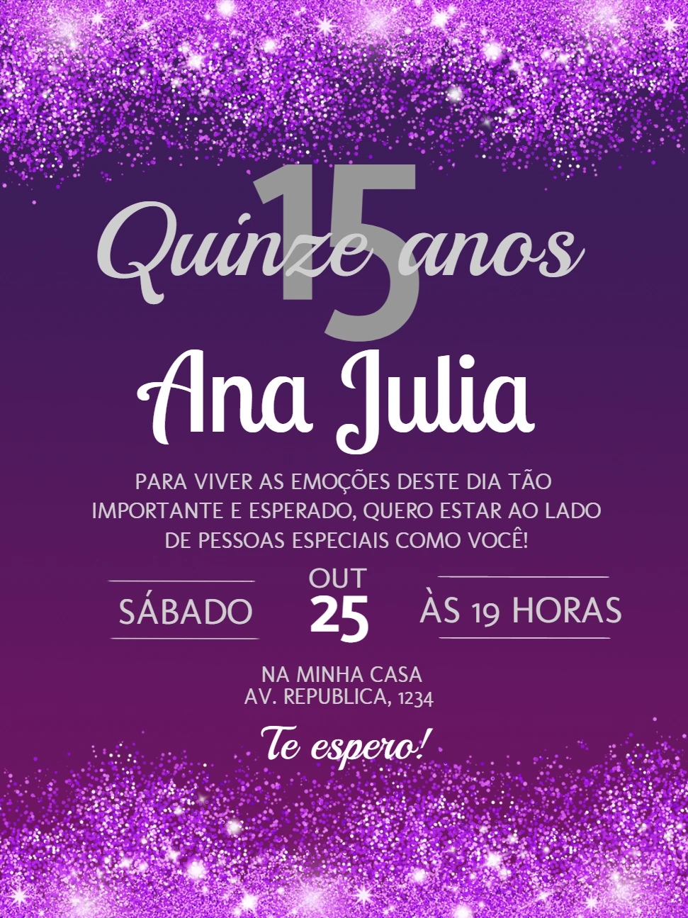 Convite 15 Anos Roxo com Glitter para Editar Online
