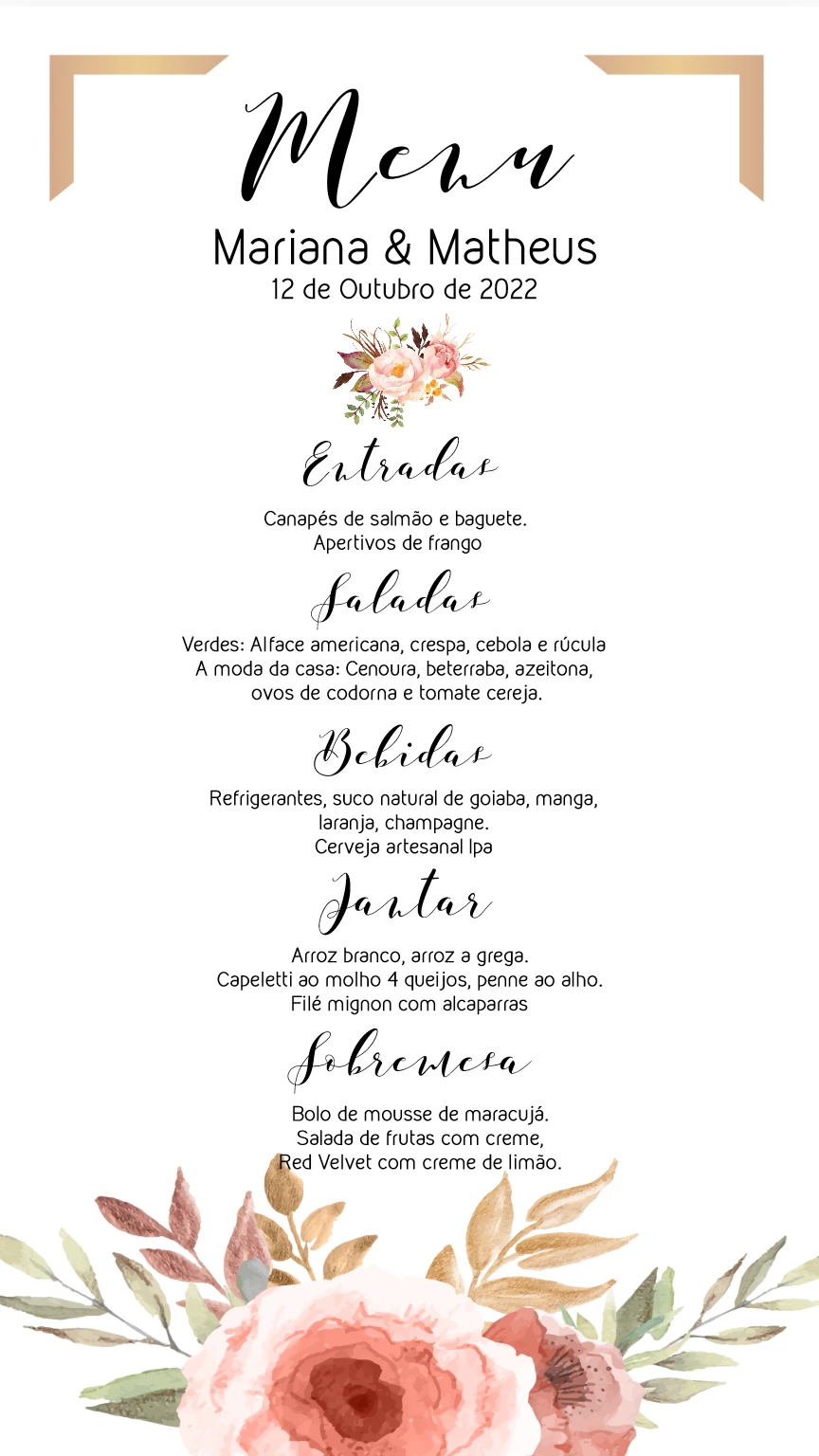 Menu de Casamento Floral Elegante para Editar Online
