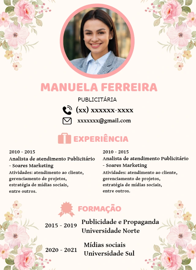 Currículo Profissional Floral com Foto para Editar Online
