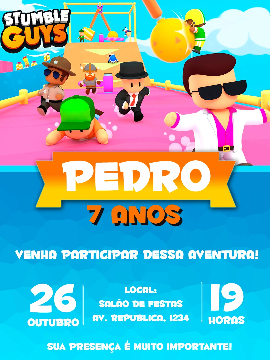 Convite de Aniversário Stumble Guys com Personagens para Editar