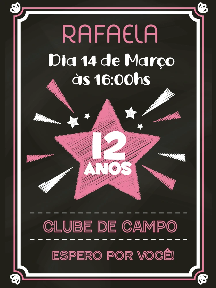 Convite de Aniversário Quadro Negro com Estrela para Editar