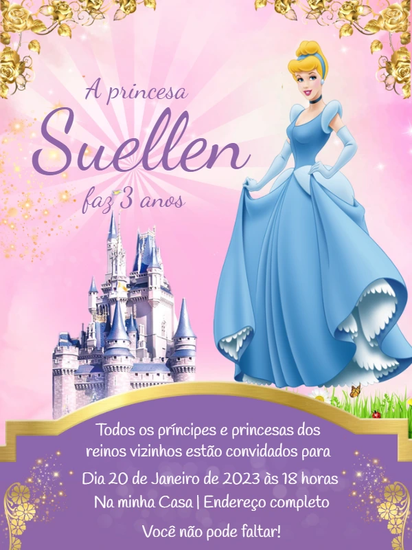 Convite Aniversário Princesa Cinderela Disney para Editar Online