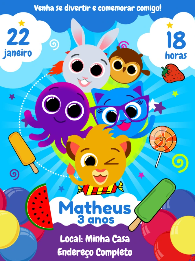 Convite de Aniversário Bolofofos com Personagens para Editar