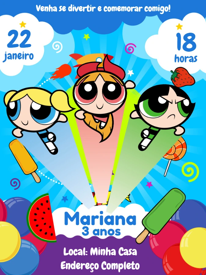 Convite de Aniversário Super Poderosas para Editar Online