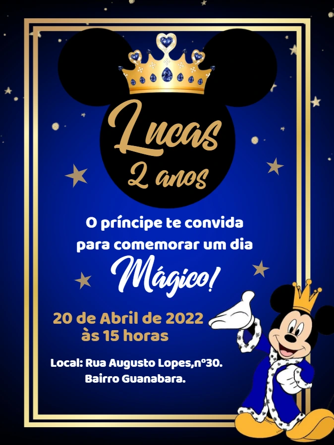 Convite Aniversário Mickey Realeza Editável Online