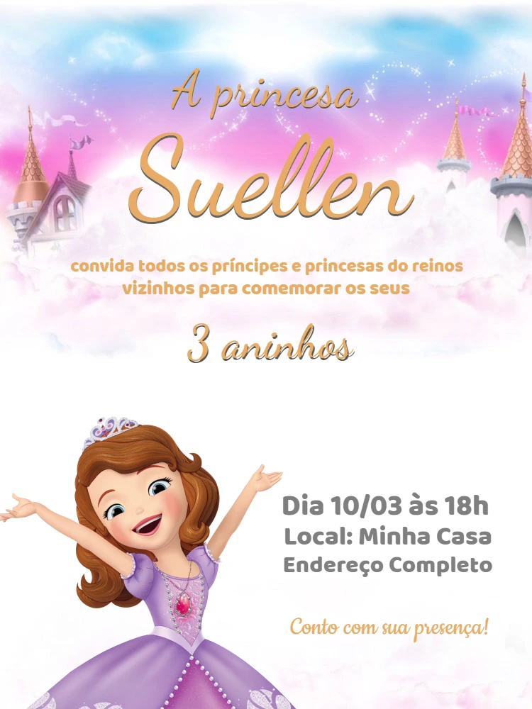 Convite de Aniversário Princesa Sofia Editável Online