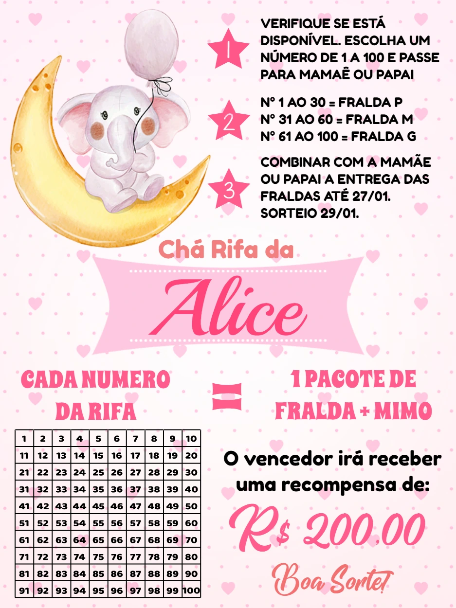 Convite Chá Rifa Elefantinha Rosa Editável para Imprimir