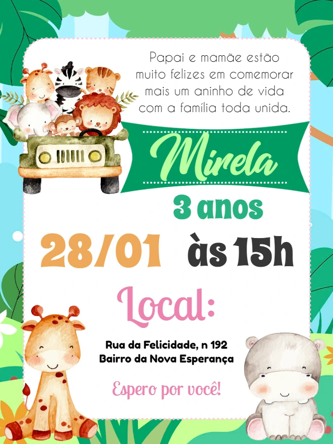 Convite de Aniversário Safari com Animais para Editar Online