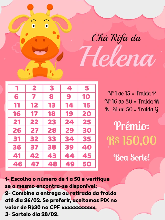 Chá Rifa de Bebê Girafinha Fofa para Editar Online
