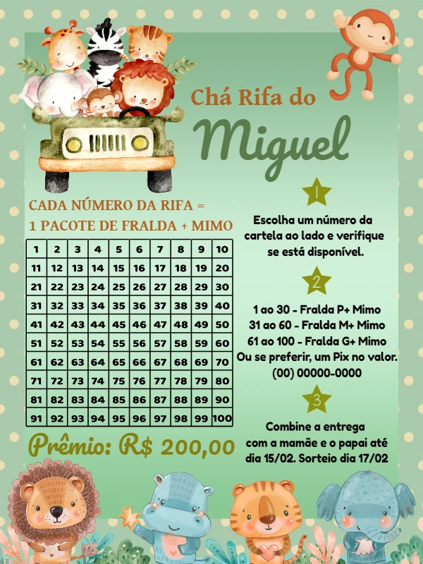 Rifa Chá de Bebê Safari com Animais para Editar Online