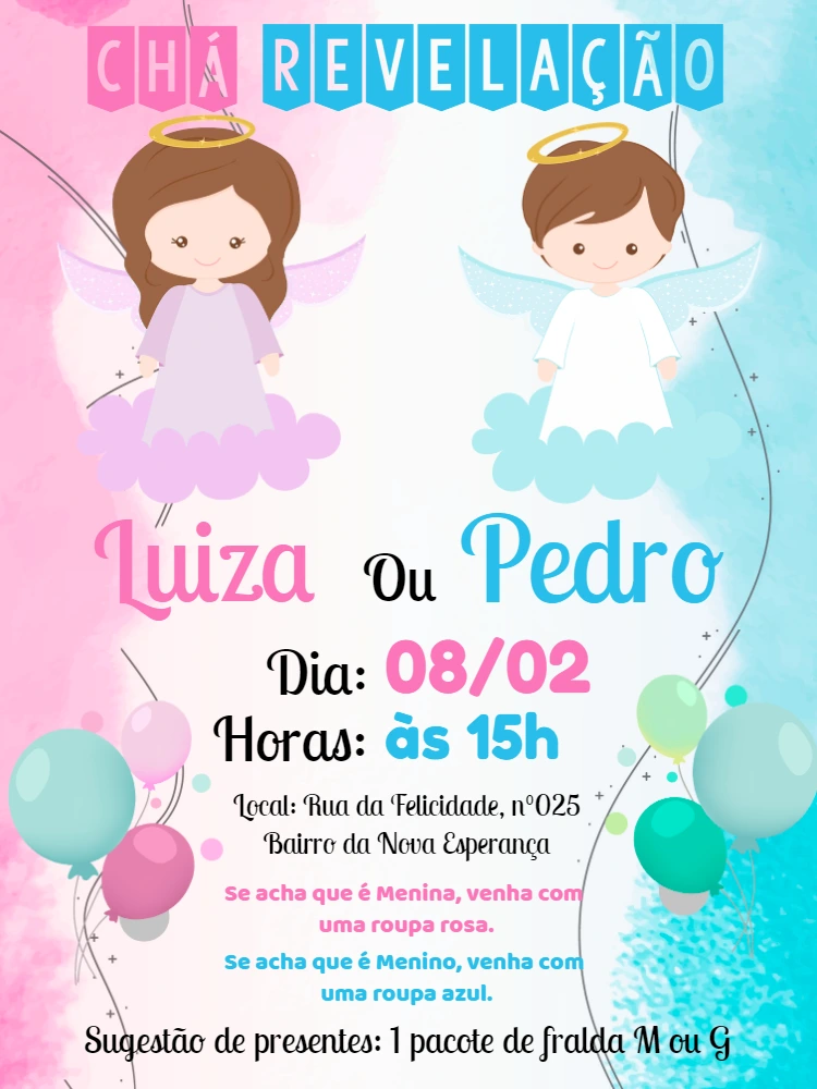 Convite Chá Revelação Anjinhos para Editar Online