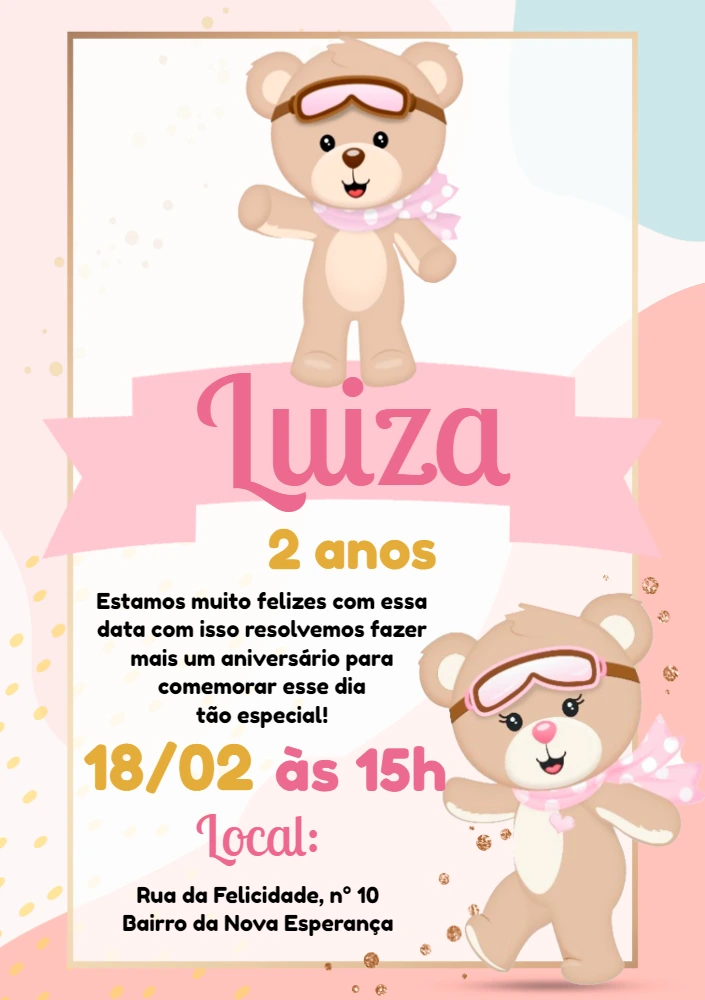 Convite Aniversário Ursinha Baloeira para Editar Online