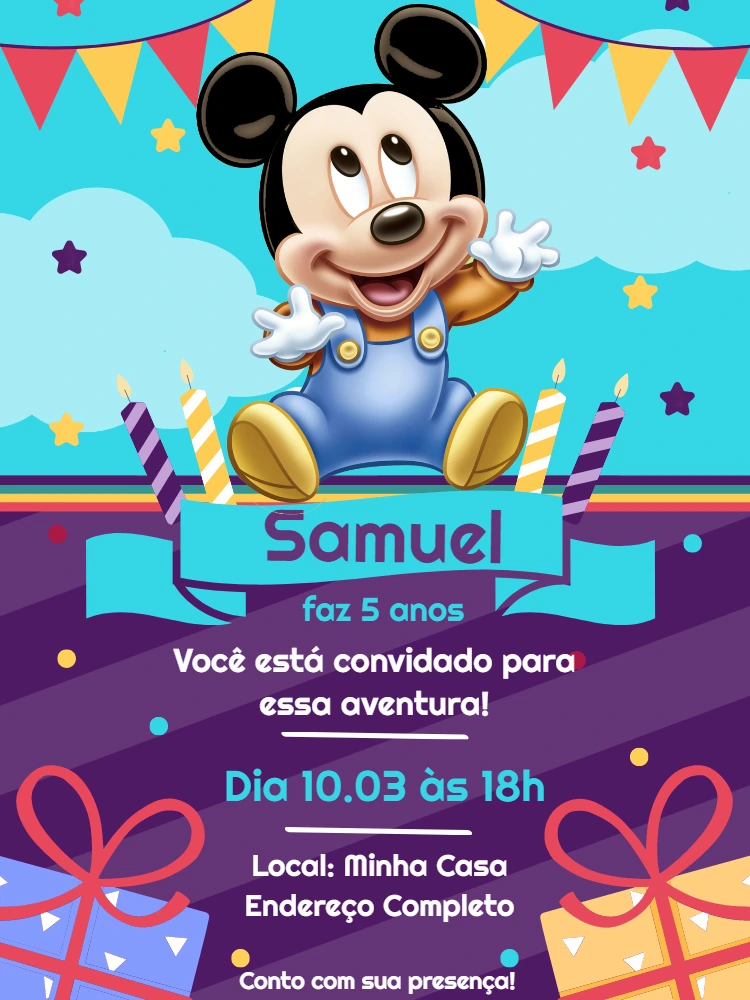Convite de Aniversário Mickey Baby para Editar Online