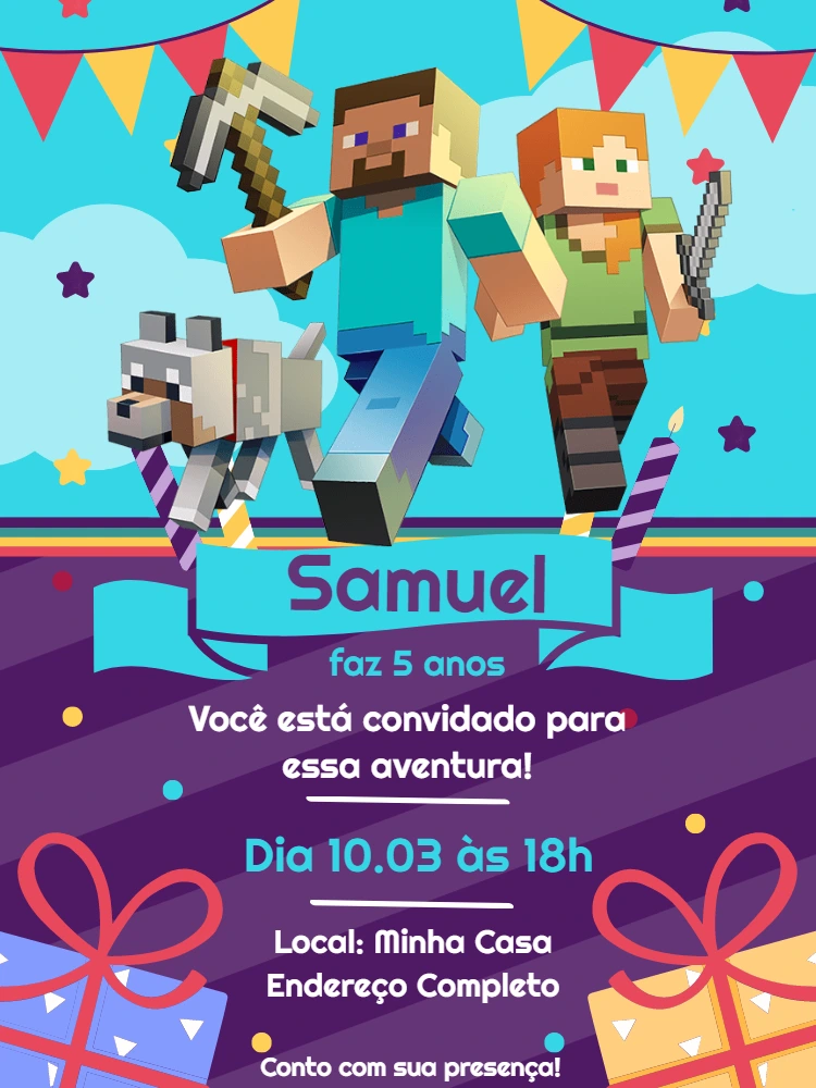 Convite Aniversário Minecraft com Personagens para Editar Online