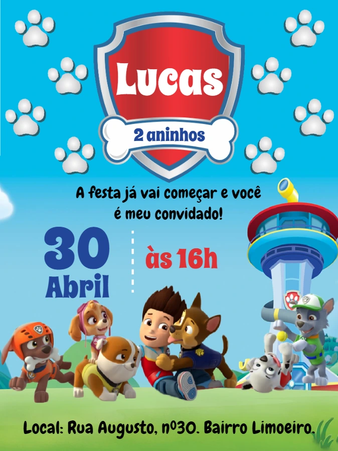 Convite de Aniversário Patrulha Canina para Editar Online