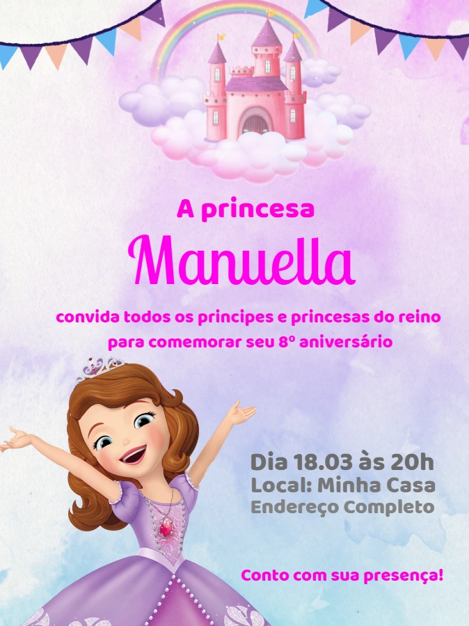 Convite Aniversário Princesa Sofia para Editar Online