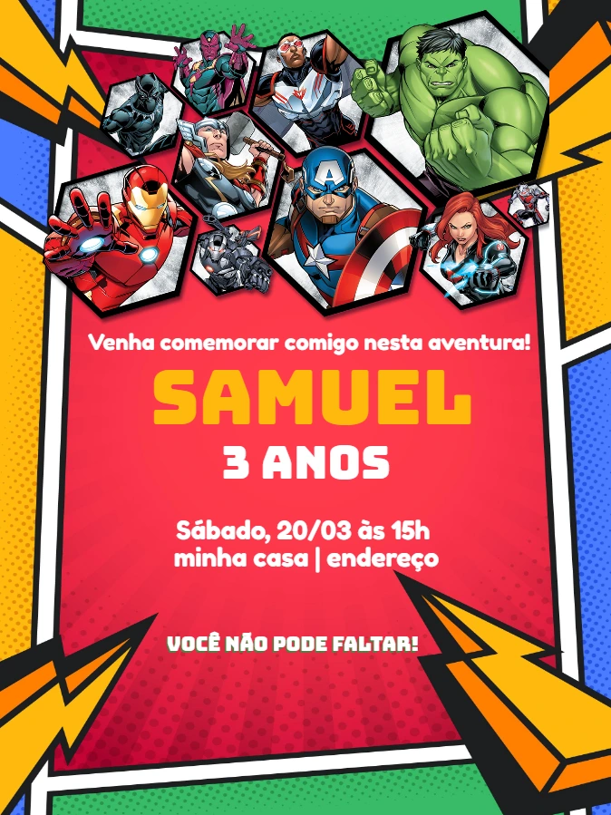Convite Aniversário Vingadores com Heróis para Editar Online