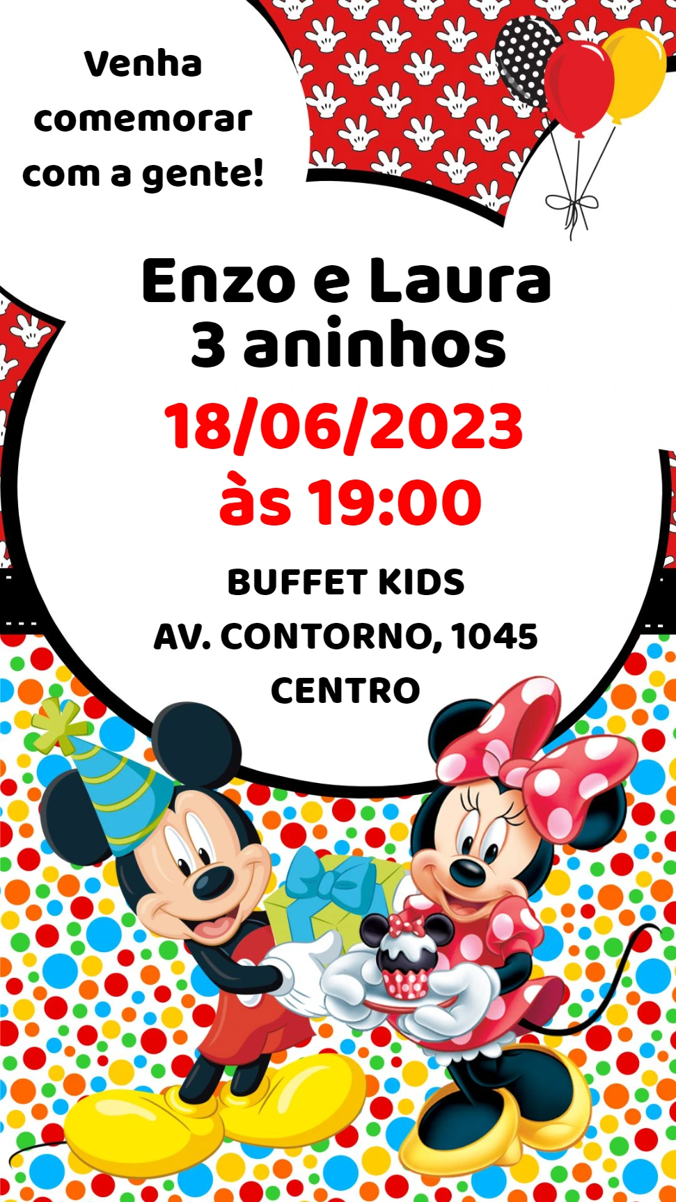 Convite Aniversário Mickey e Minnie para Editar Online