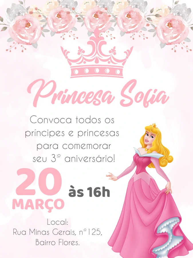 Convite Aniversário Princesa Aurora Editável Online para Imprimir