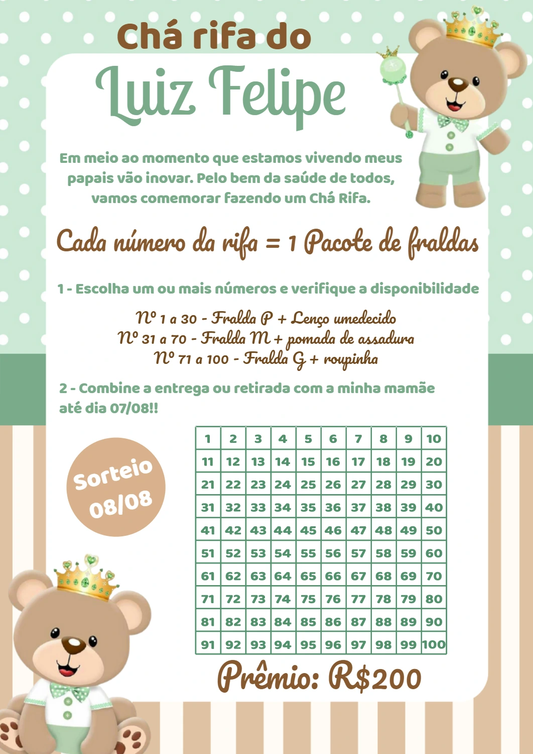 Convite Chá Rifa Ursinho Príncipe para Editar Online