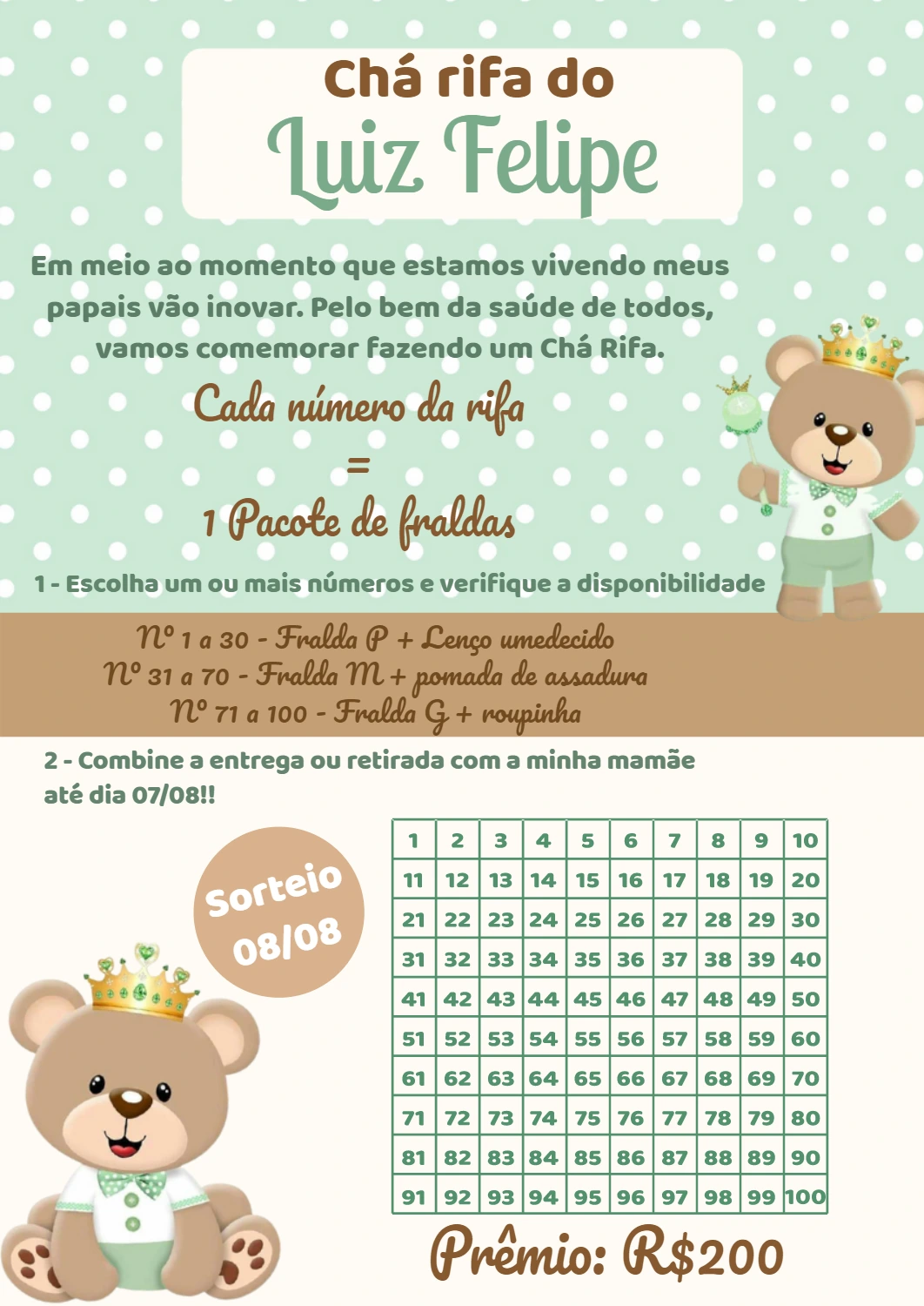 Convite Chá Rifa Ursinho Príncipe para Editar Online