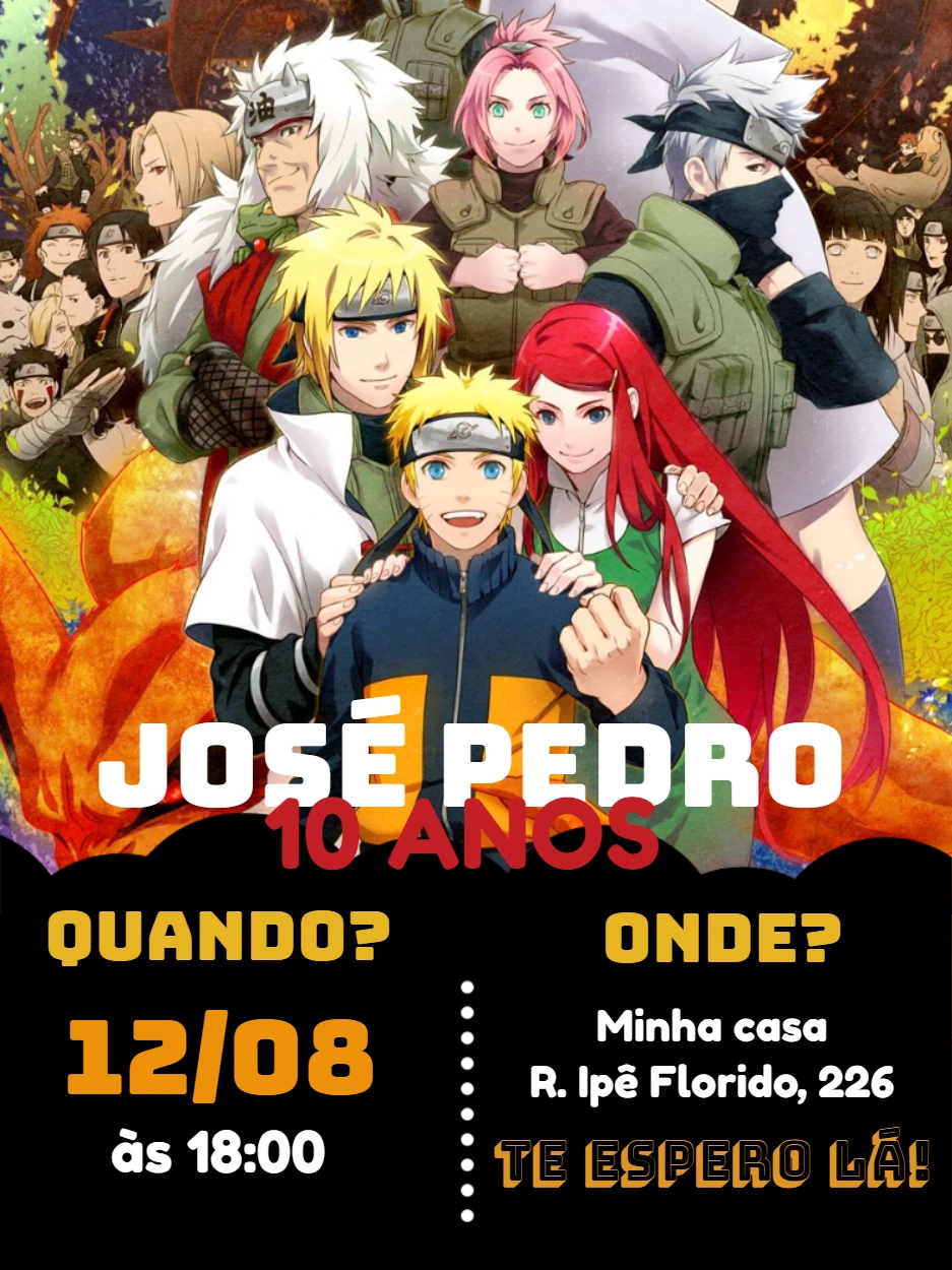 Convite de Aniversário Naruto com Personagens para Editar