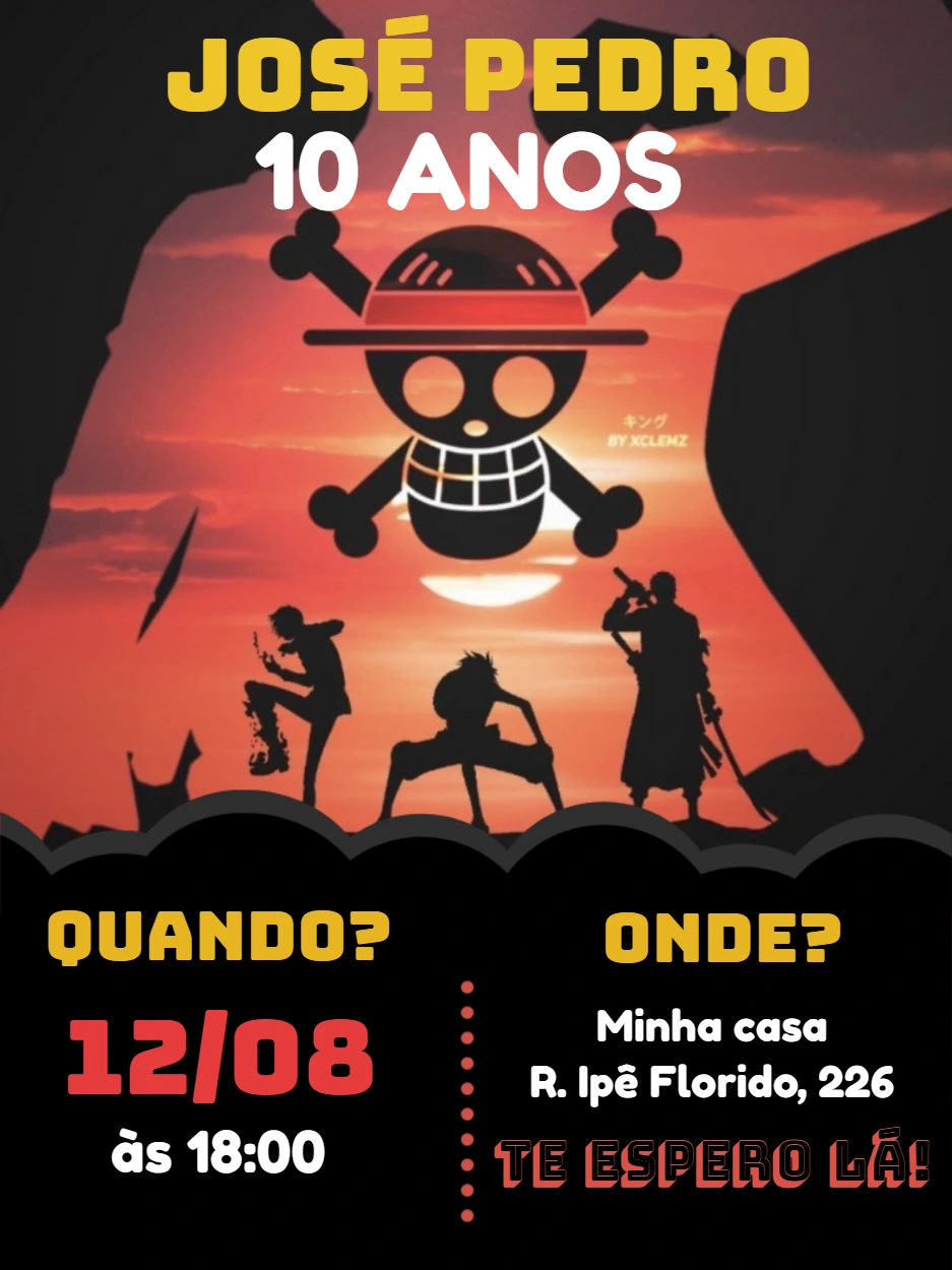 Convite Aniversário One Piece com Personagens para Editar Online