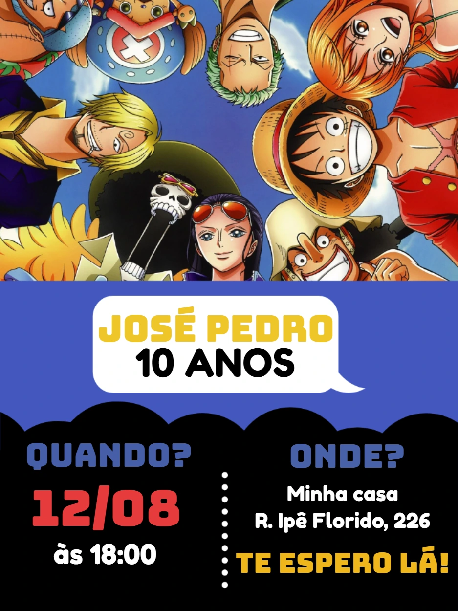 Convite de Aniversário One Piece com Personagens para Editar