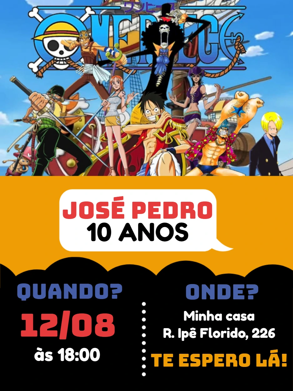 Convite Aniversário One Piece com Personagens para Editar Online