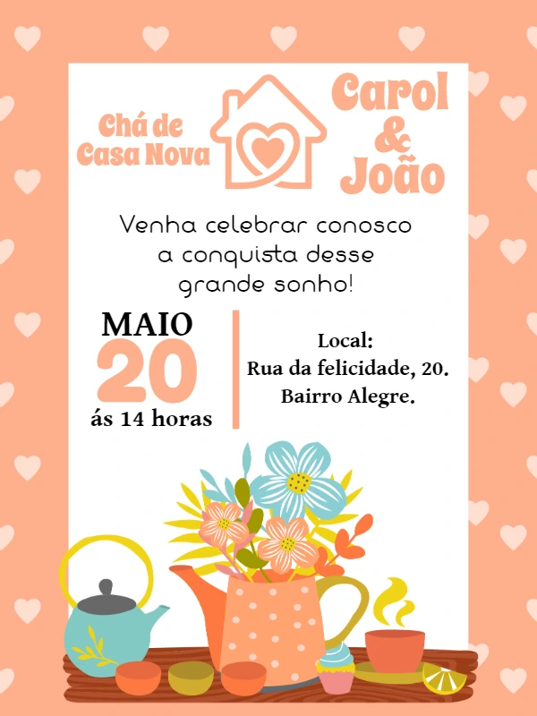Convite Chá de Casa Nova com Flores e Bule para Editar Online